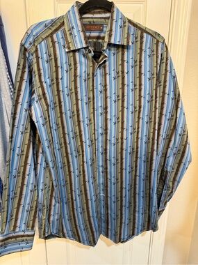 ETRO Milano Made in Italy Blue Striped Bird Print 100% Cotton Luxury Dress Shirt